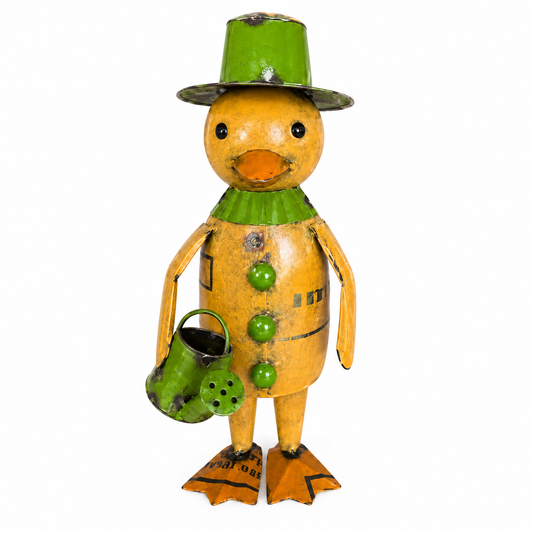 Metal duck figurine with green hat and green watering can on a white background.