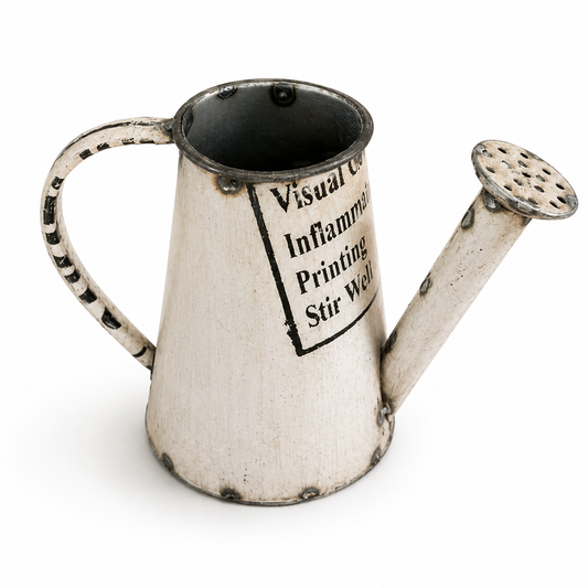 Vintage-style metal watering can with text on a white background
