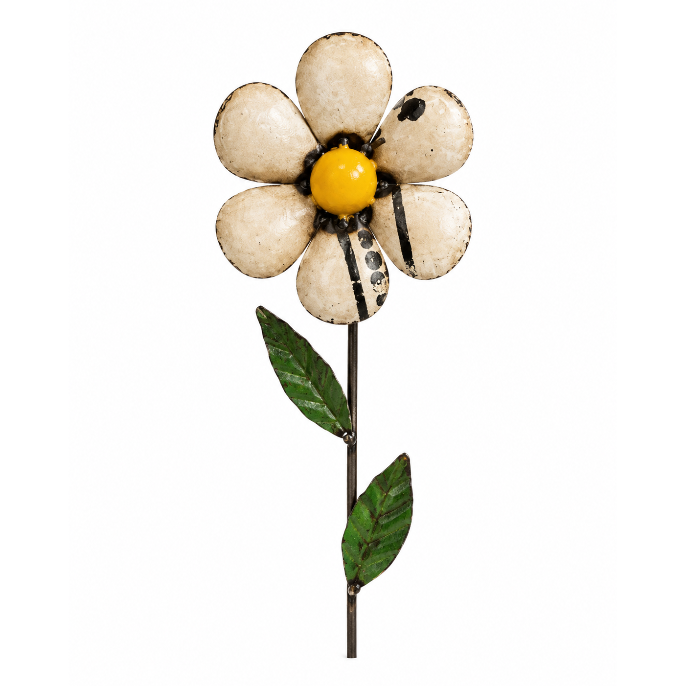 Metal white daisy with yellow center and green stem and leaves on white background.