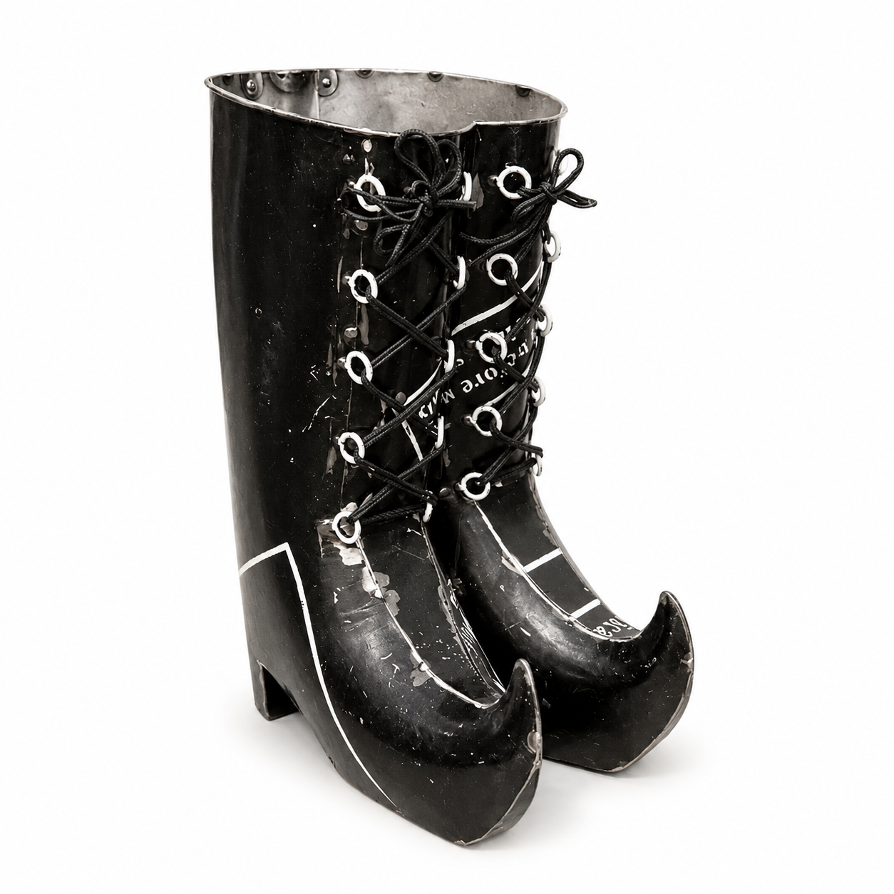 Metal pair black high-heeled boots decoration with laces on a white background