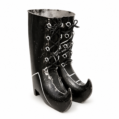 Metal pair black high-heeled boots decoration with laces on a white background