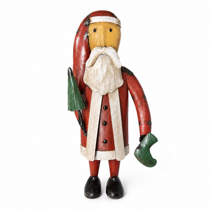 Metal Santa Claus figurine with a white beard and green boots on a white background