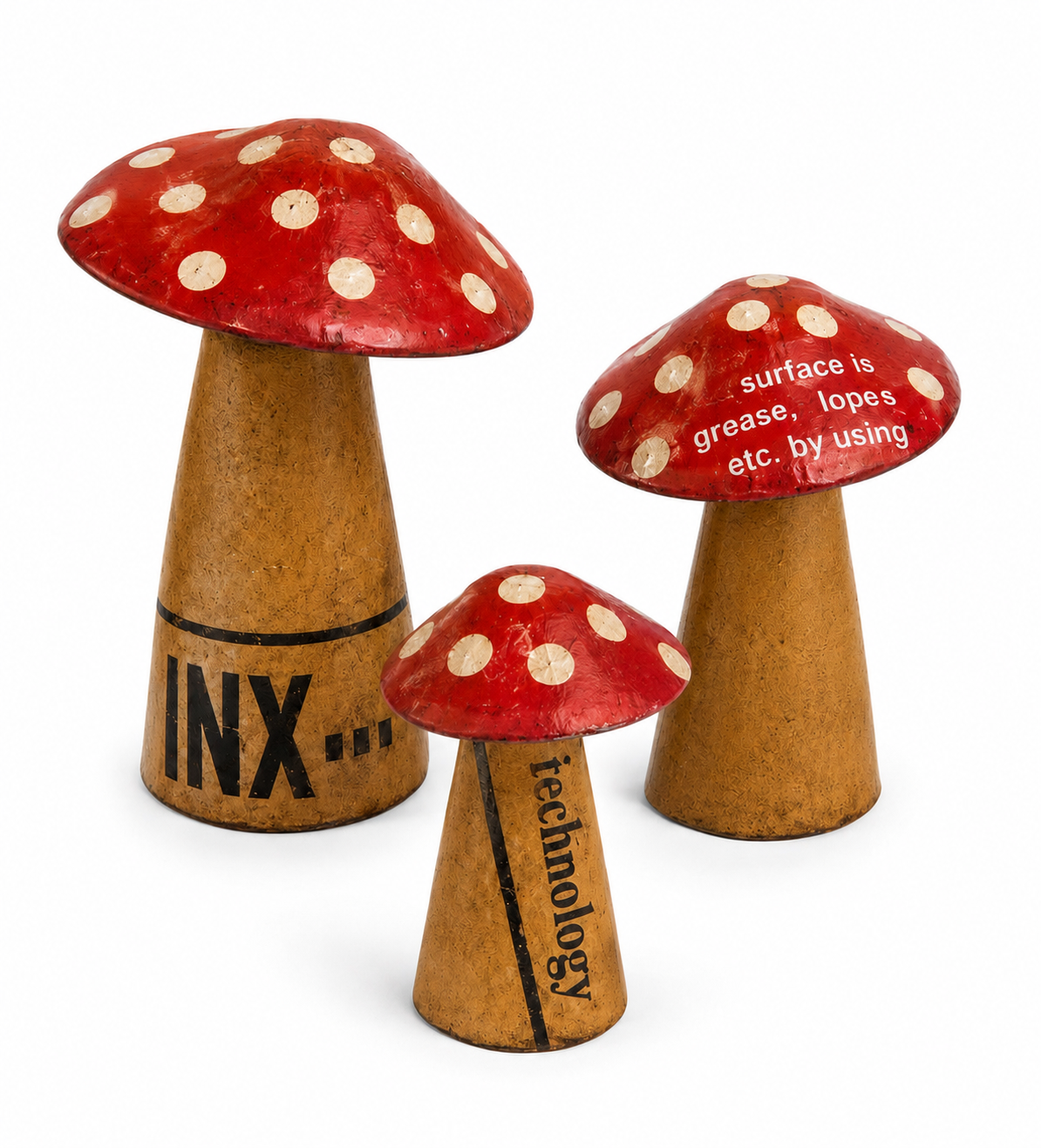 Three red and brown metal mushrooms with white spots on a white background