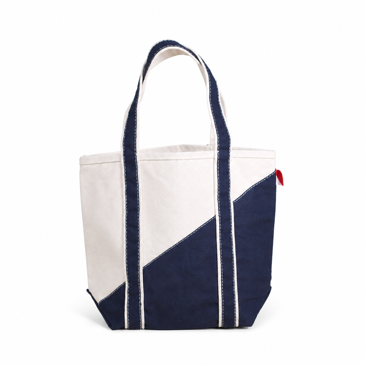 Navy and white tote bag on a white background
