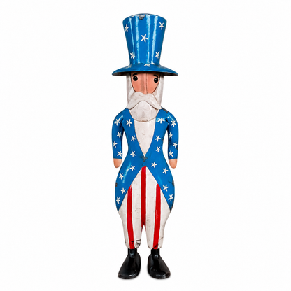 Decorative figure of Uncle Sam with a patriotic outfit on a white background