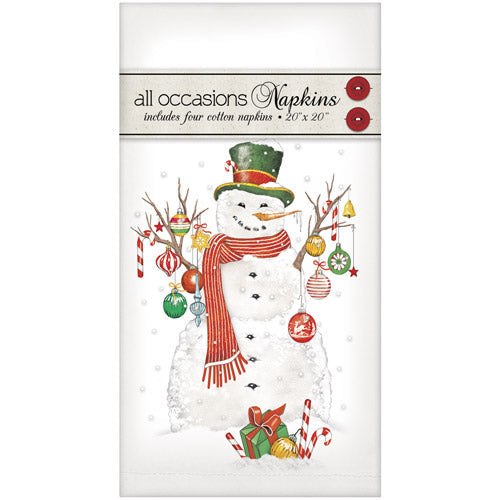 Packaging of Christmas-themed napkins with a snowman design on a white background.