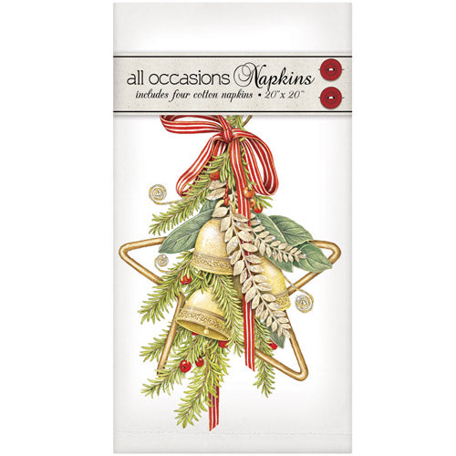 Packaging of Christmas-themed napkins with bells and greenery design.