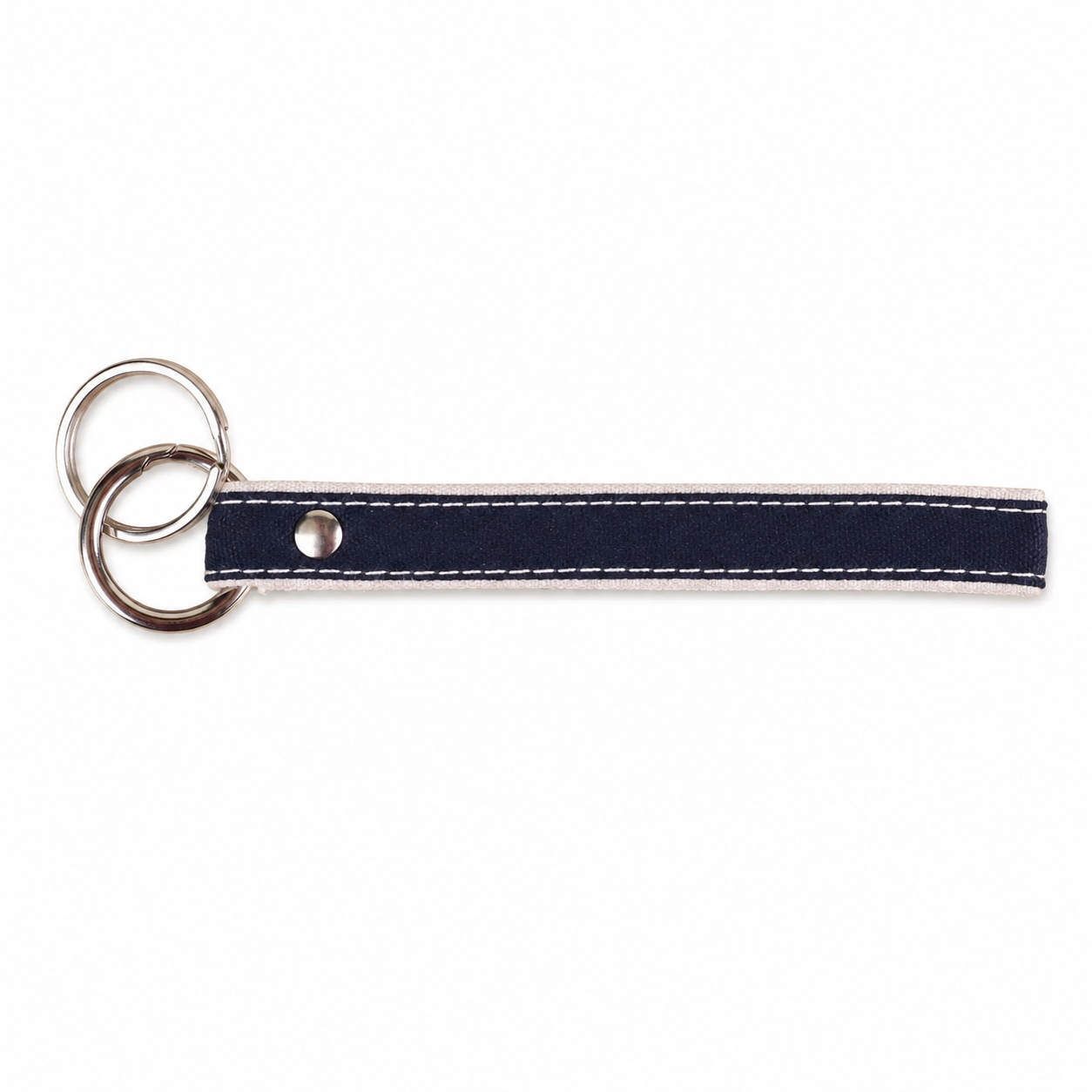 Navy blue keychain strap with silver rings on a white background