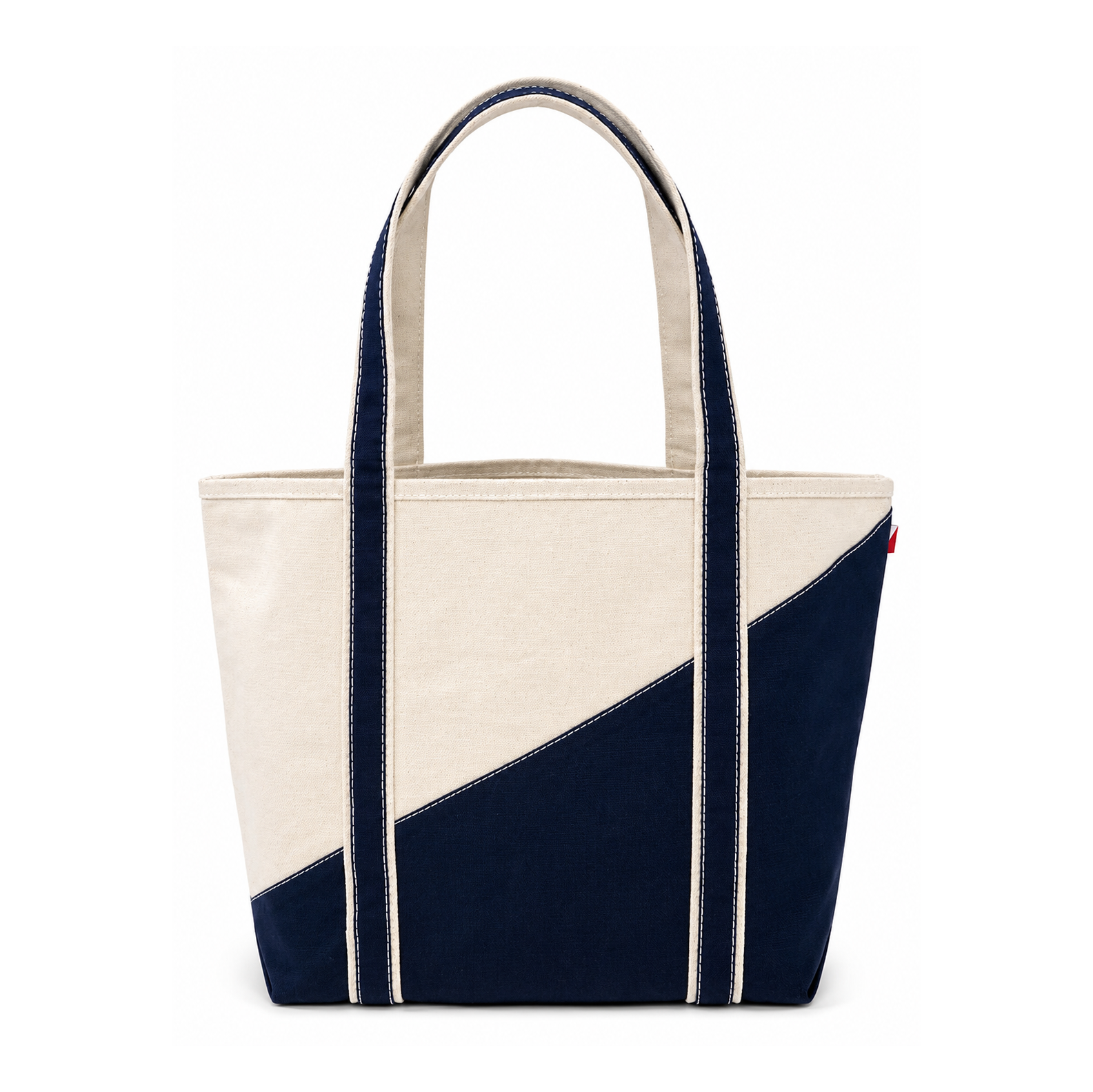 Navy and beige tote bag on a white background