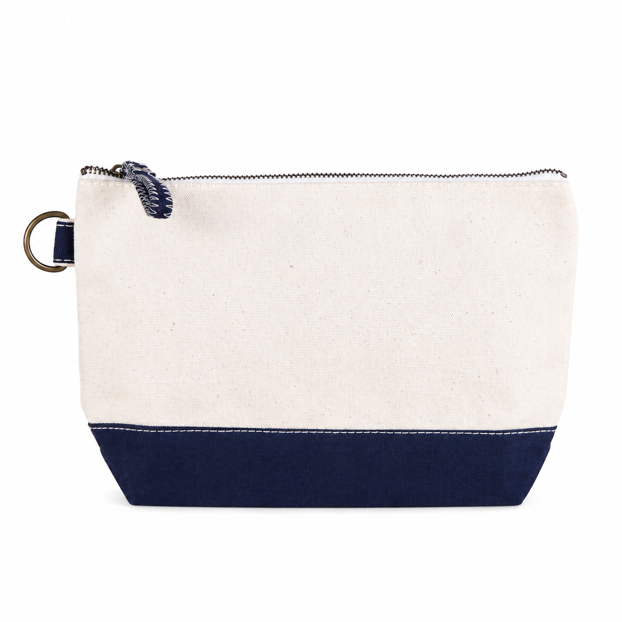 Canvas pouch with navy bottom section on a white background