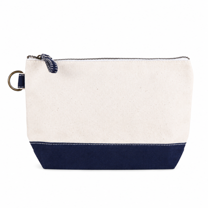 Canvas pouch with navy bottom section on a white background