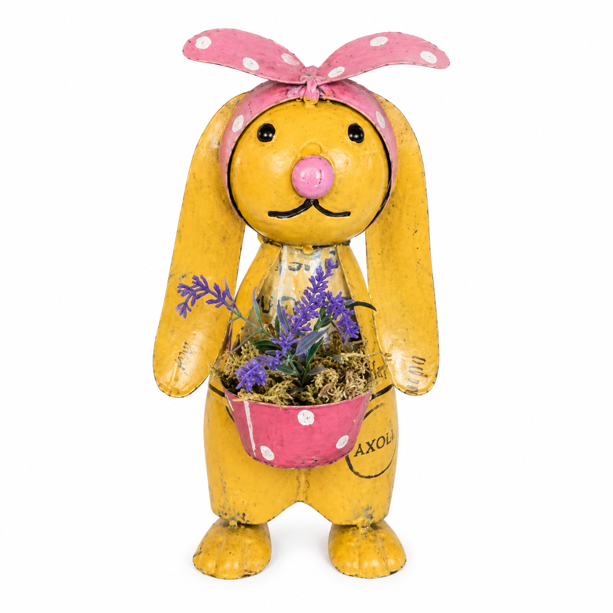 Metal Bunny sculpture with pink ribbon headband and holding a pink bucket filled with flowers on a white background.