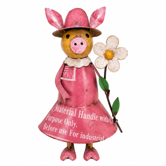 Decorative pig figurine with a pink dress and hat on a white background