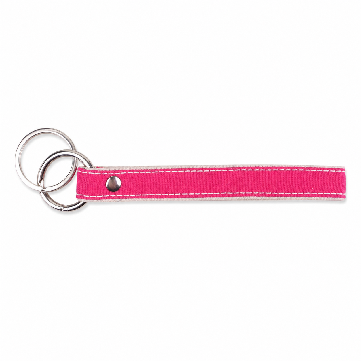 Pink keychain with silver rings on a white background