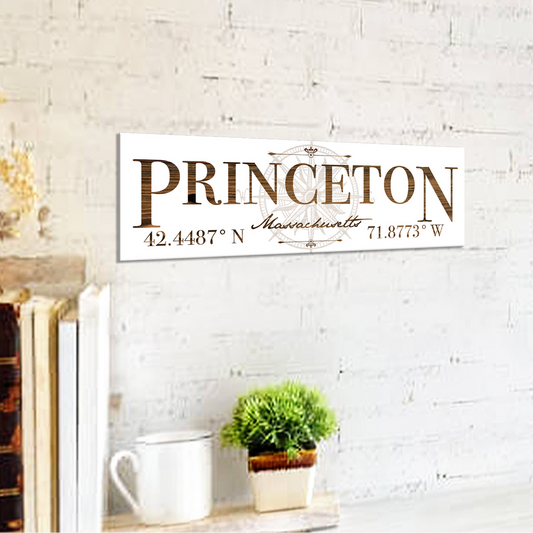 Decorative sign with 'Princeton, Massachusetts' and coordinates on a brick wall background