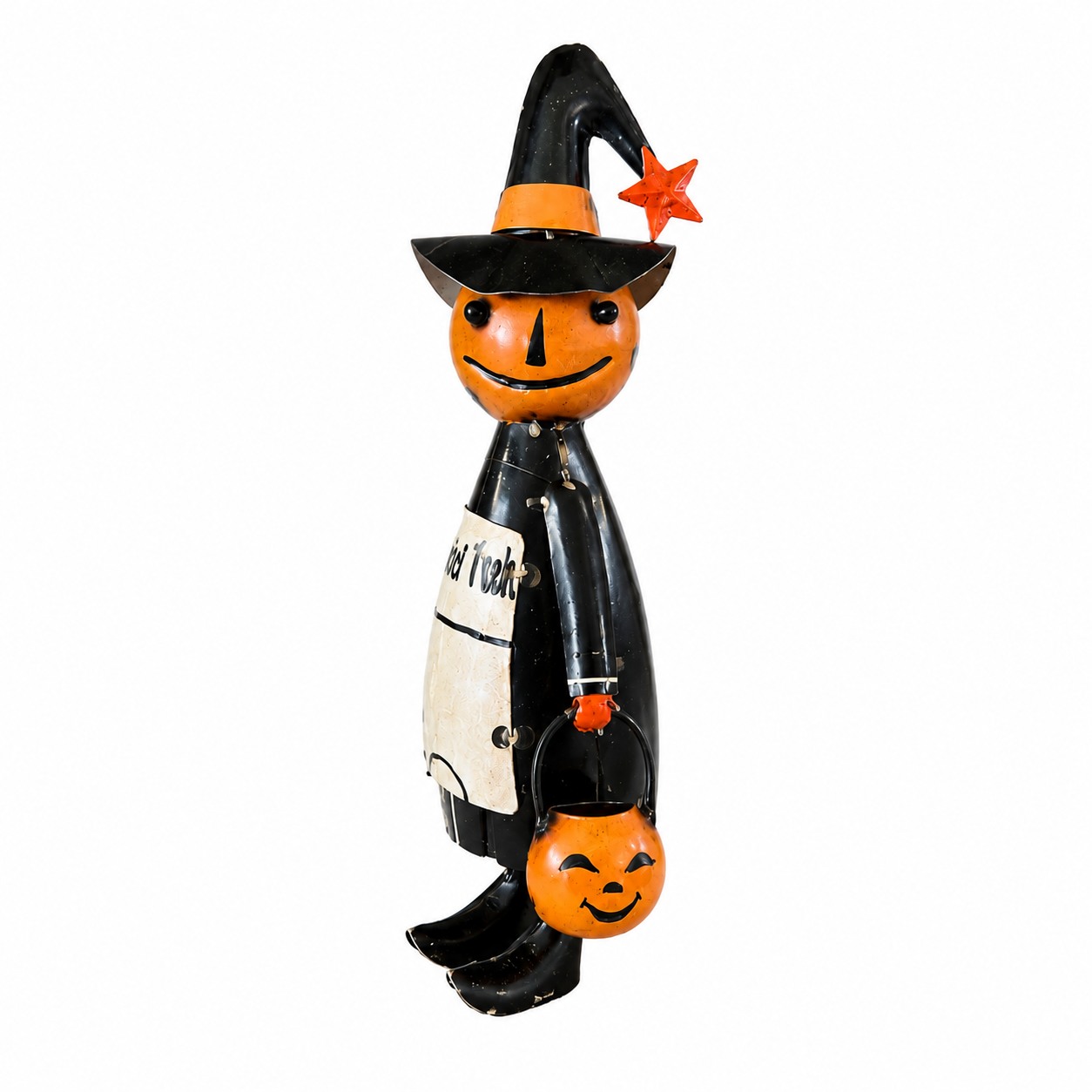 Halloween-themed figurine with a pumpkin face, black hat, and black coat on a white background.