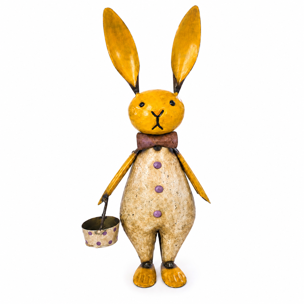 Decorative rabbit figurine with a basket on a white background