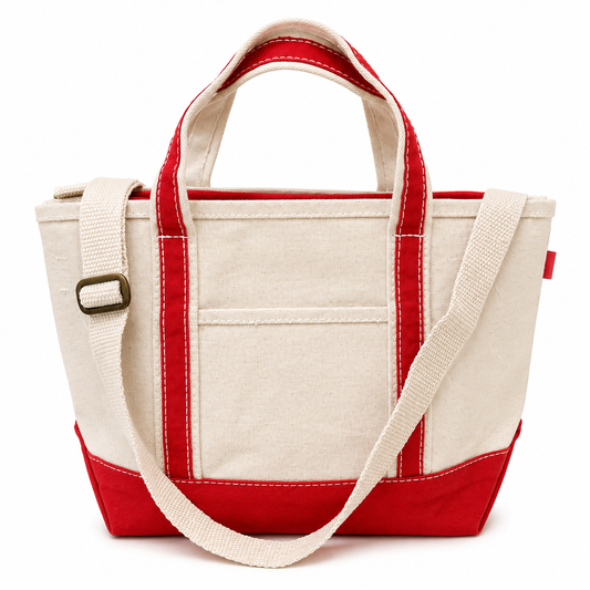 Beige and red tote bag on a white background