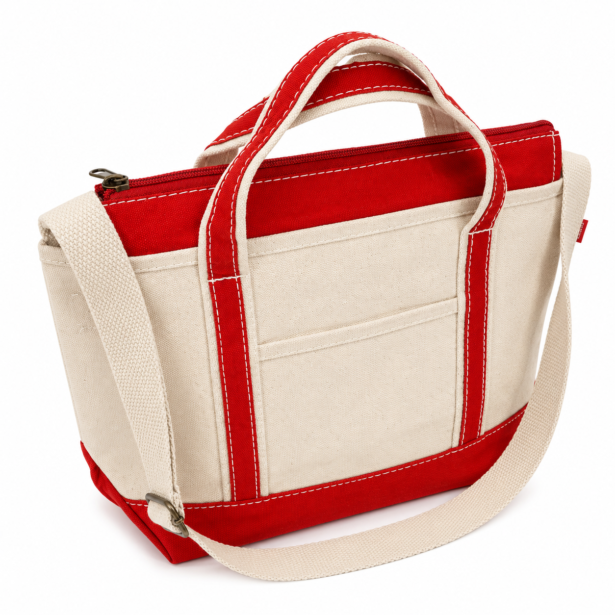 Red and beige tote bag with a shoulder strap on a white background