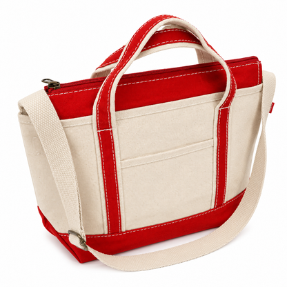 Red and beige tote bag with a shoulder strap on a white background