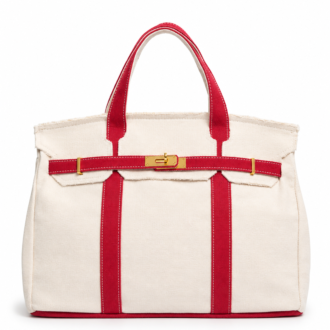 White tote bag with red straps and trim on a white background