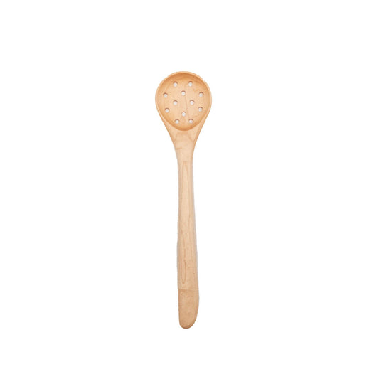 Wooden spoon with a perforated design on a white background