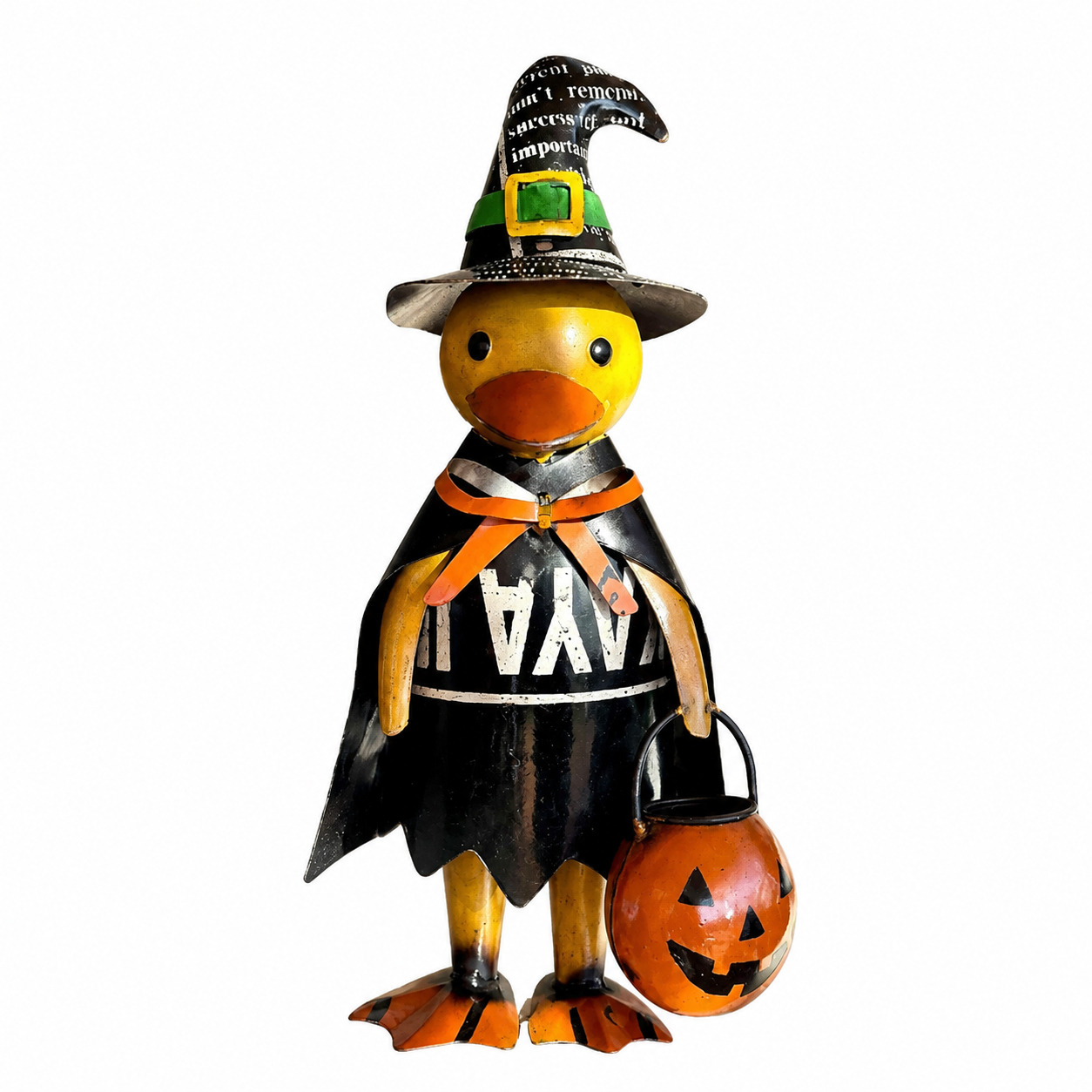Halloween-themed duck figurine wearing a witch costume with a pumpkin basket on a white background
