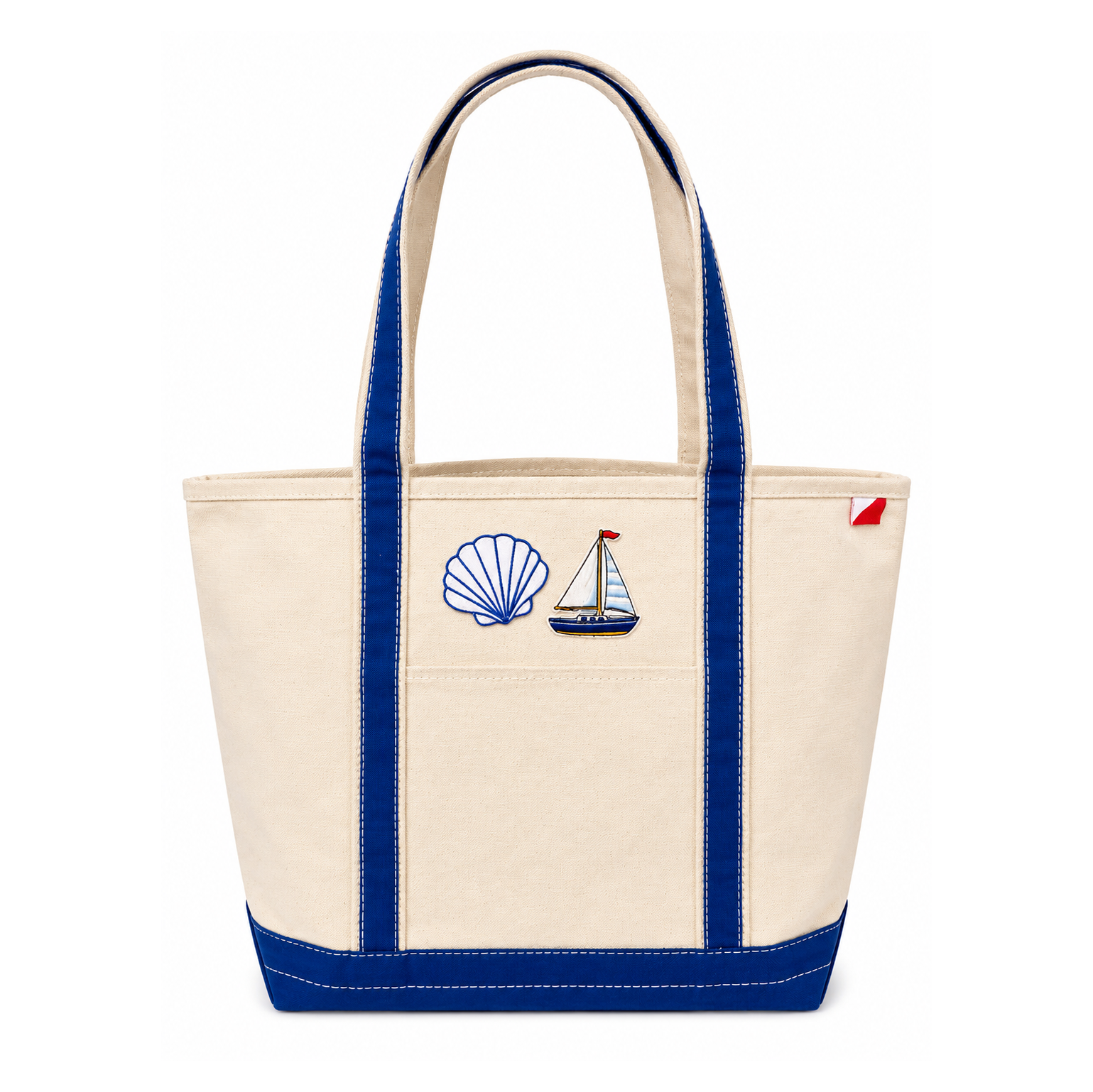 Beige tote bag with blue handles and nautical-themed embroidery on a white background