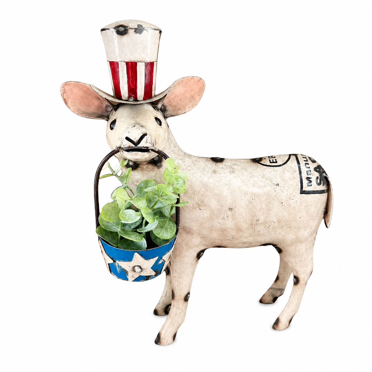 Decorative sheep figurine wearing a top hat with an American flag design, holding a plant.