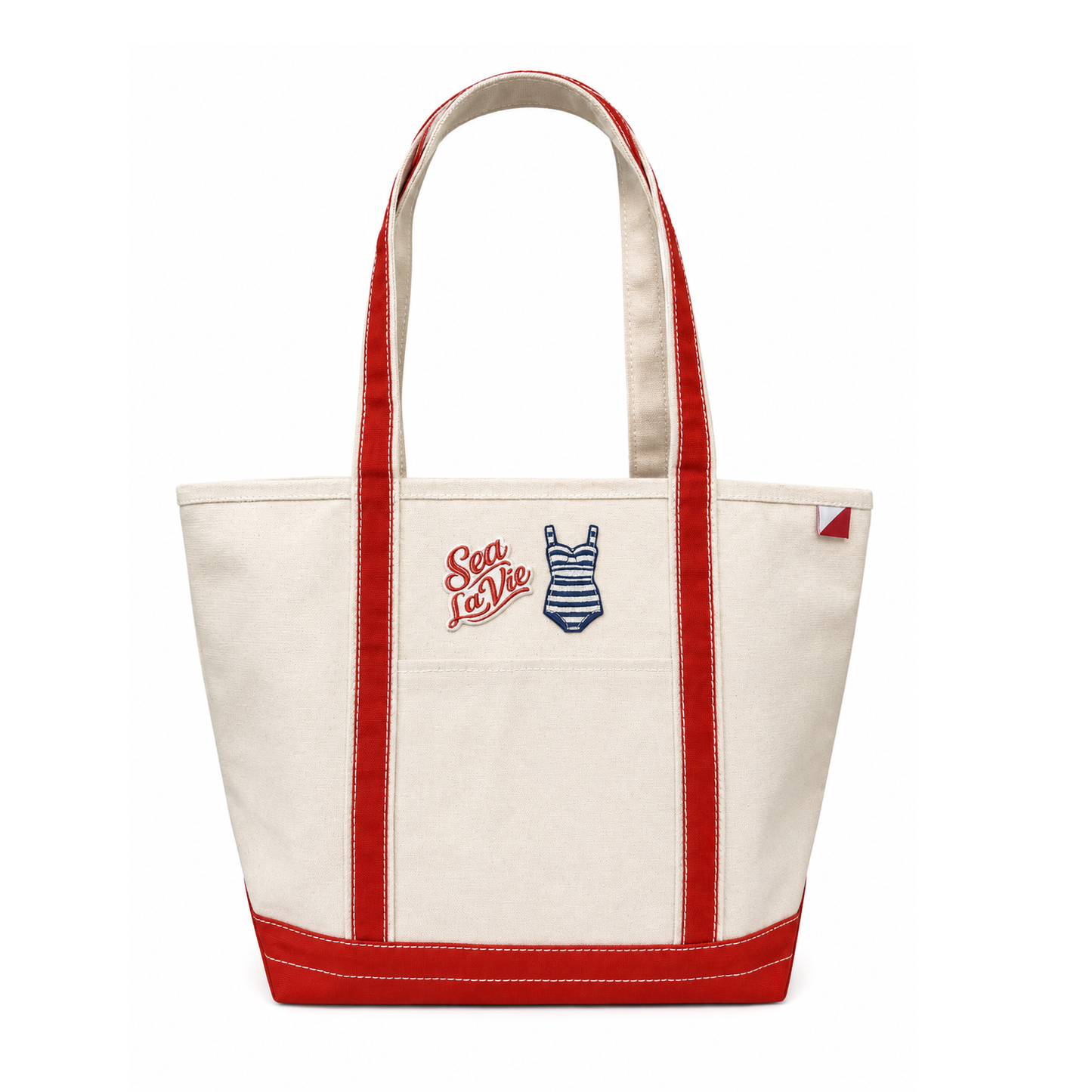 White tote bag with red accents and 'Sea La Vie' logo on a white background
