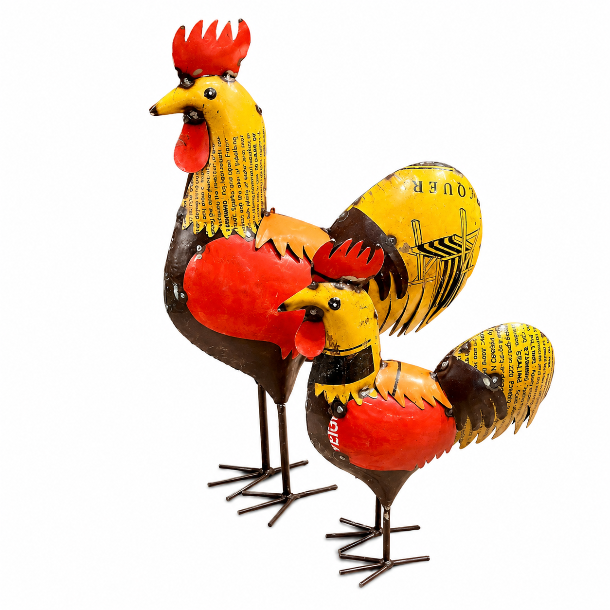 Two colorful metal rooster sculptures on a white background