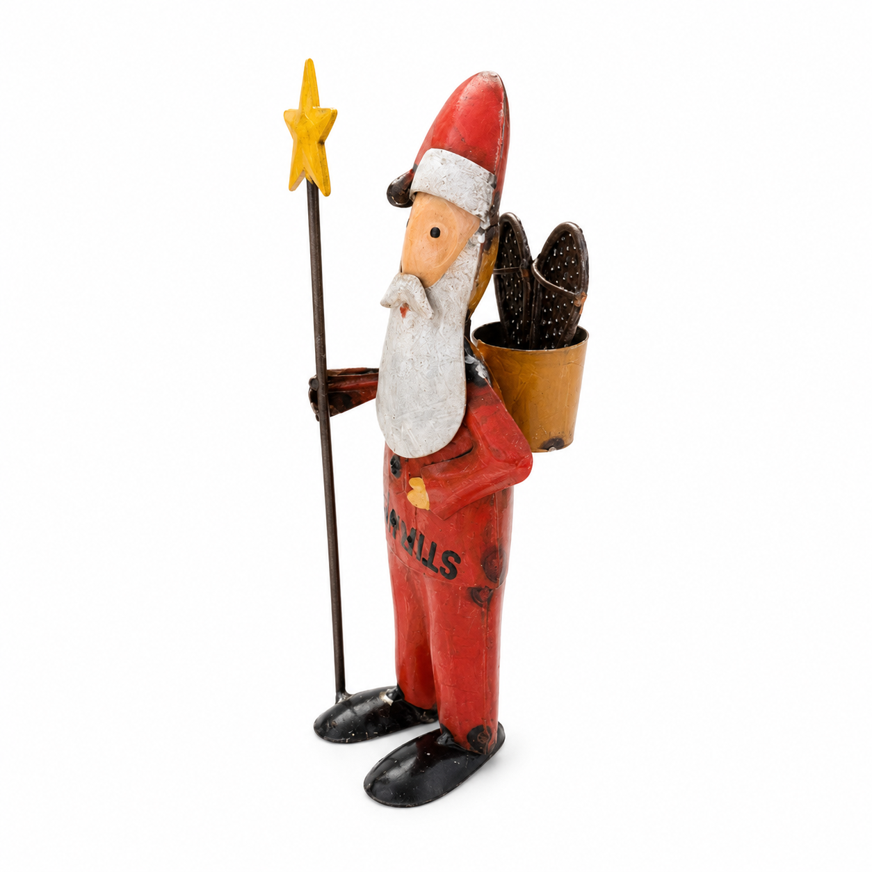 Decorative figure of Santa with a star and a metal pail with snowshoes on his back on a white background