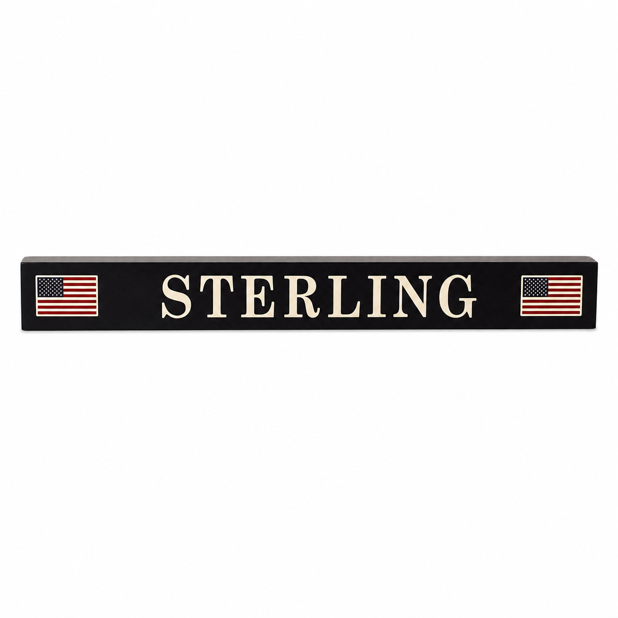 Dark navy blue sign with 'STERLING' in white letters, flanked by American flags on a white background