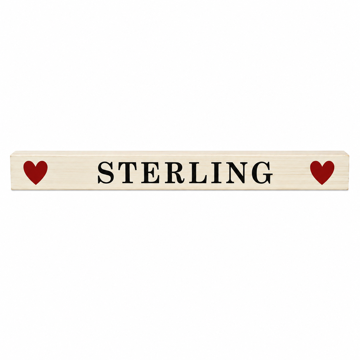 Wooden nameplate with 'STERLING' text and red hearts on a white background
