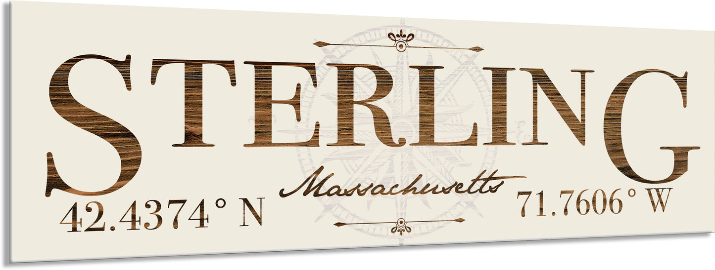 Decorative sign with the words 'Sterling, Massachusetts' and coordinates on a beige background