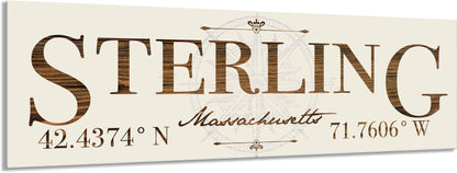Decorative sign with the words 'Sterling, Massachusetts' and coordinates on a beige background
