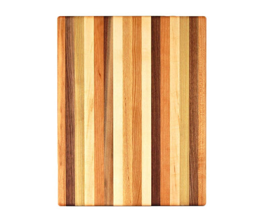 Wooden cutting board with striped pattern on a white background