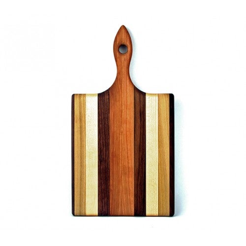 Wooden cutting board with a handle on a white background.