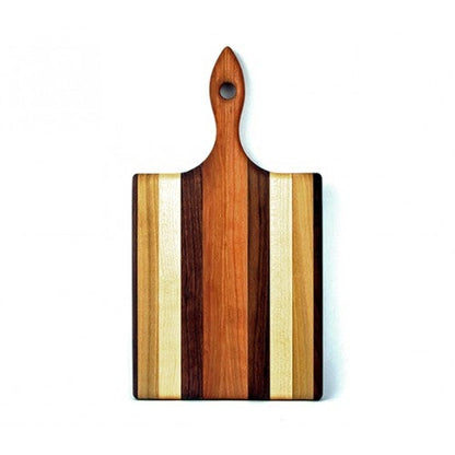 Wooden cutting board with a handle on a white background.
