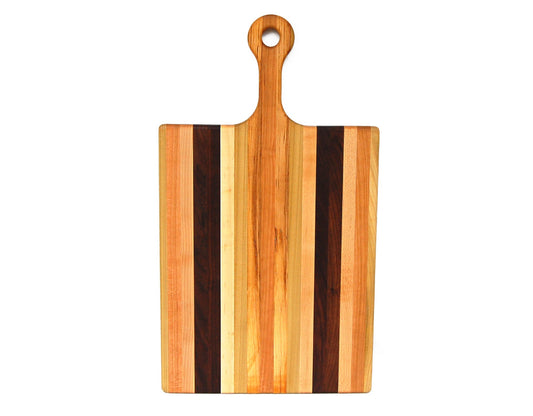 Wooden cutting board with a handle on a white background