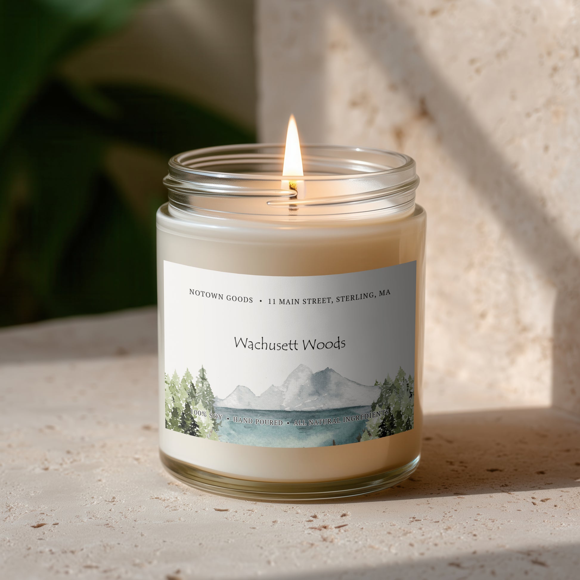 Clear jar candle with white wax and a decorative label on a blurred outdoor background.
