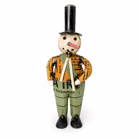 Vintage-style snowman figure with a top hat and suspenders on a white background