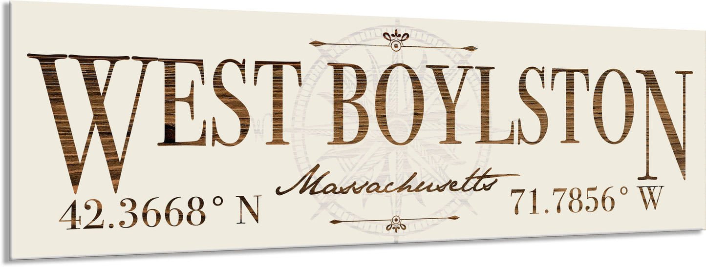 Decorative sign with 'West Boylston, Massachusetts' text and coordinates on a white background