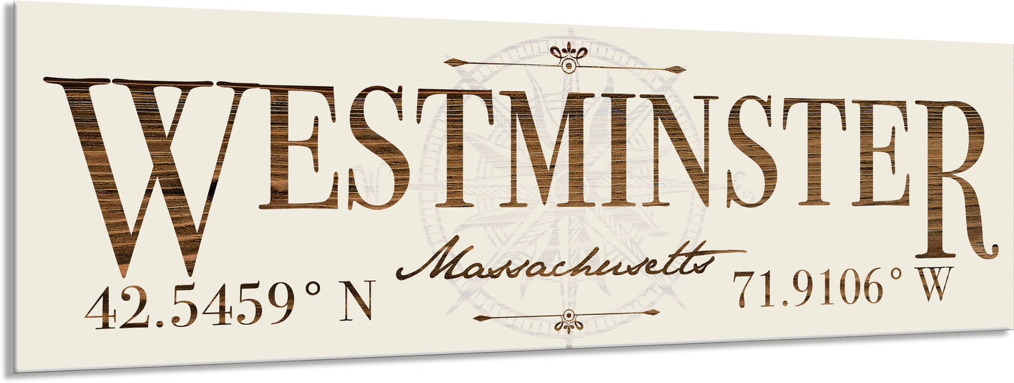 Decorative sign with 'Westminster, Massachusetts' text and coordinates on a beige background