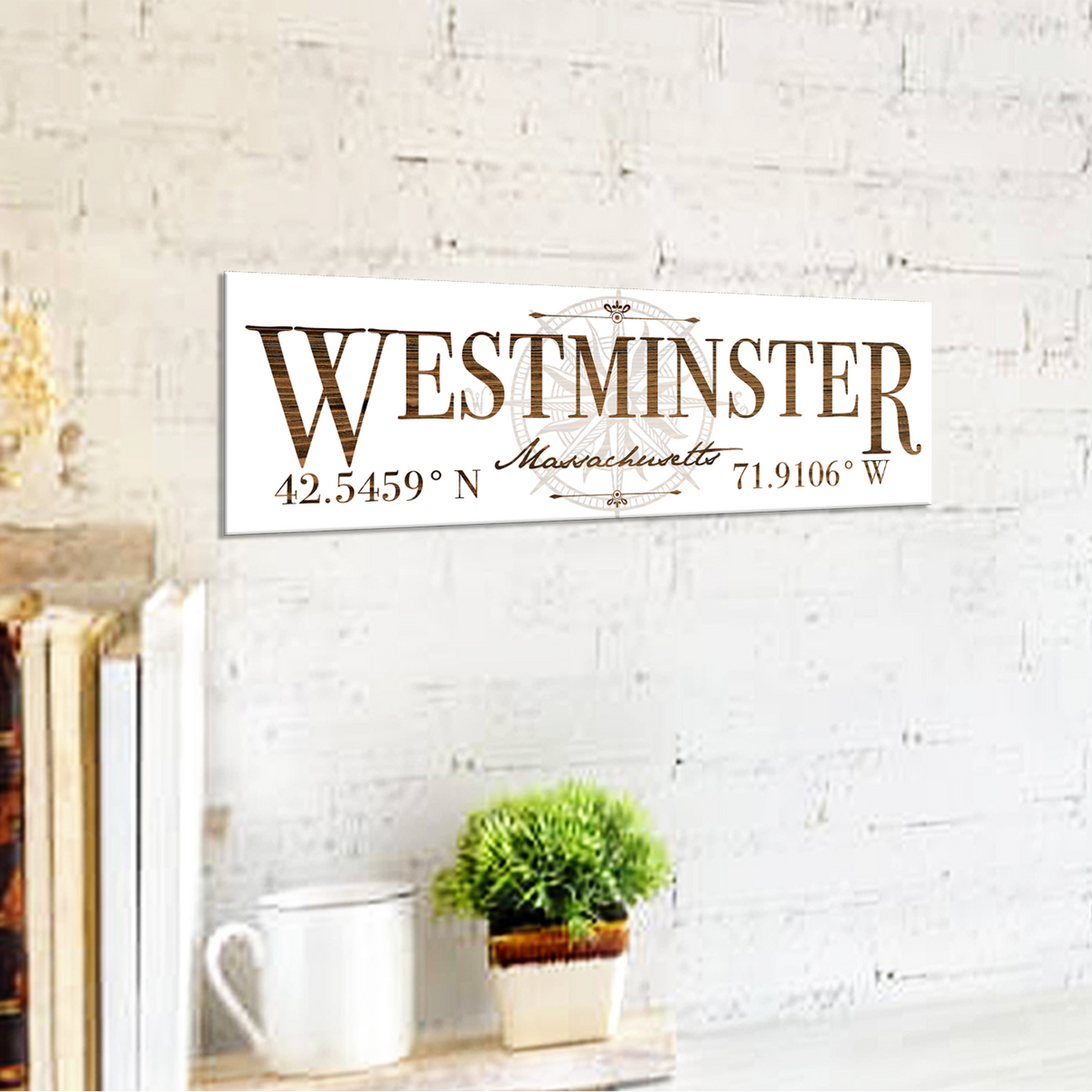 Decorative sign with 'Westminster' text on a white brick wall background
