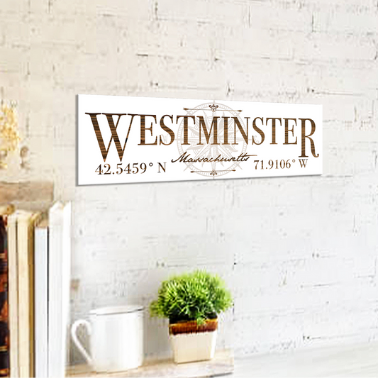 Decorative sign with 'Westminster' text on a white brick wall background