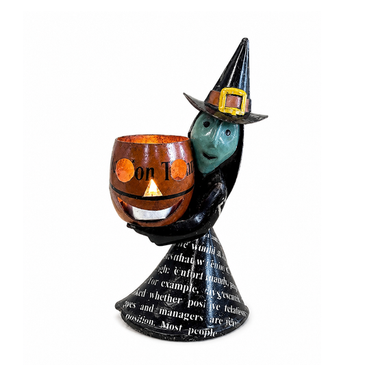 Halloween-themed decorative figure with a witch holding a pumpkin lantern on a white background