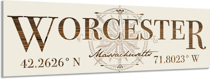 Decorative sign with 'Worcester, Massachusetts' text and coordinates on a beige background