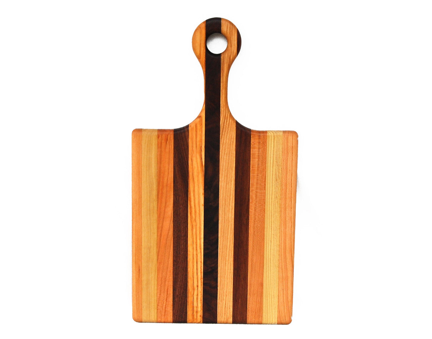 Wooden cutting board with striped pattern on a white background