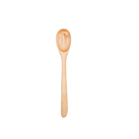 Wooden spoon with slots cut out on a white background.
